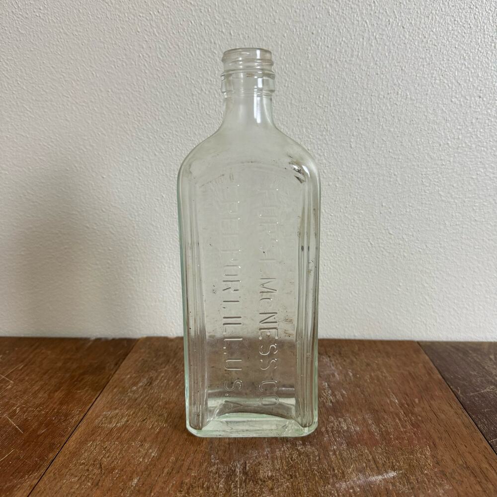 1950s Furst-McNess Co Freeport, Illinois clear medicine druggist pharmacy bottle